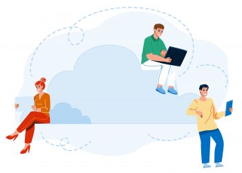 Cloud Sync Electronic Device With Storage Vector. Man And Woman Young People Cloud Sync Laptop And Smartphones With Server. Characters Gadget Internet Connection Flat Cartoon Illustration